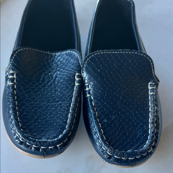 Kids Navy Blue Stitched Faux Snakeskin Loafers - Picture 7 of 7